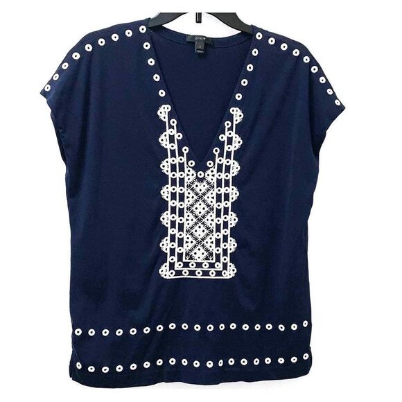J Crew V-Neck Embroidered Top Women’s Small Blue Pullover Short Sleeve Bohemian - Picture 1 of 6